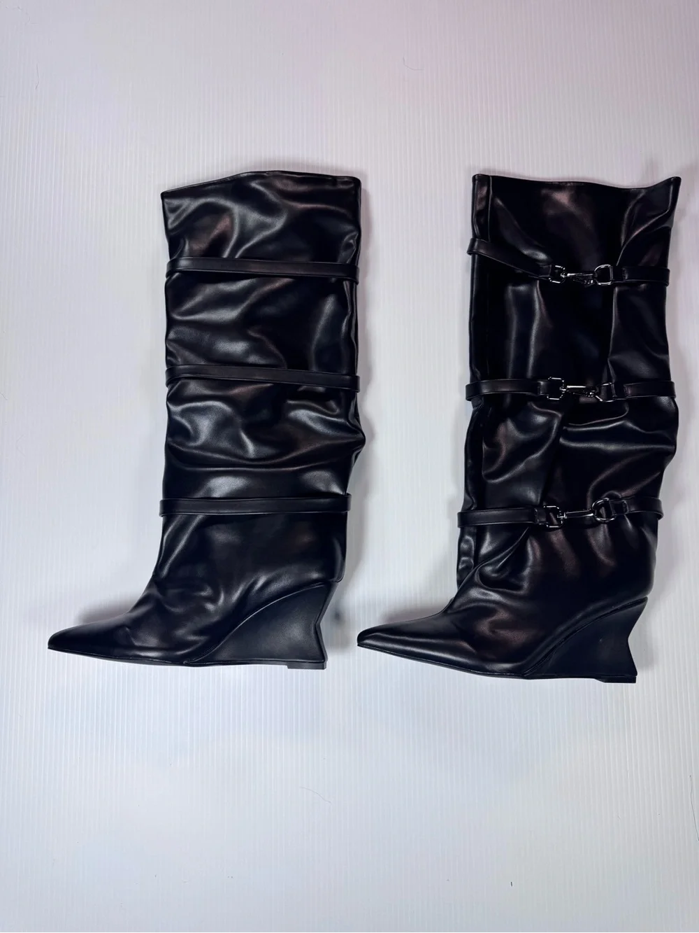 Black Kullervo Slouchy Wedge Knee-High Boots Buckle Detail Pointed Toe NIB